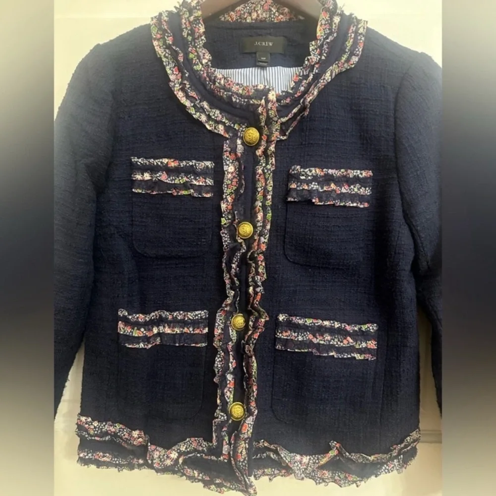 J. Crew Lady Jacket Navy Tweed Liberty London Floral Ruffle
Size 10 petite - Picture 4 of 12